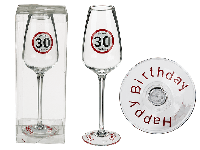 Obrázok Sklenený pohár na šampanské Happy Birthday s číslom 30